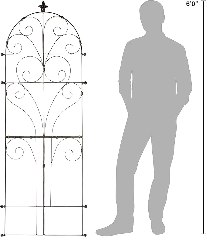 H Potter Large Metal Garden Trellis 73.5 Installed Height — 34-Lb Heavy Duty Iron Scroll Trellis for Roses Ivy &amp Clematis — 84 Overall with Ground Spikes Freestanding (GAR214 Large)