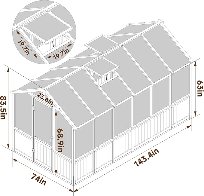 VEIKOU 6' x12' Greenhouses for Outdoors Wooden Greenhouse with Cedar Frame &amp Adjustable Vents  Wood Green House with 6MM Thick Polycarbonate Panel for Garden Backyard Light Brown Mocha