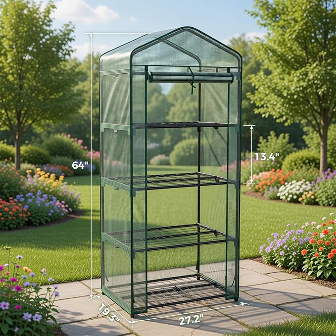 OLIXIS Greenhouse 27×19×63 4 Tier Portable Green House with Durable PE Cover Roll-up Zipper Door Small Greenhouses for Indoor Outdoor Balcony Porch Garden Patio Backyard Green Houses (Green)