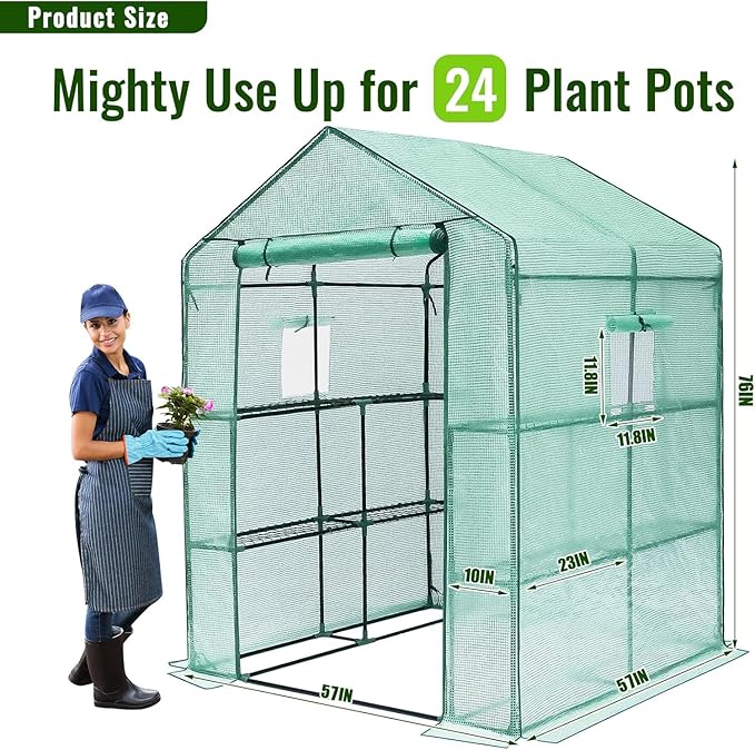 Greengro Greenhouse 57 x 57 x 76'' Greenhouses for Outdoors Durable Green House Kit with Window Thicken PE Cover 3 Tiers 8 Shelves Heavy Duty Walk in Green Houses for Indoor Backyard Outside