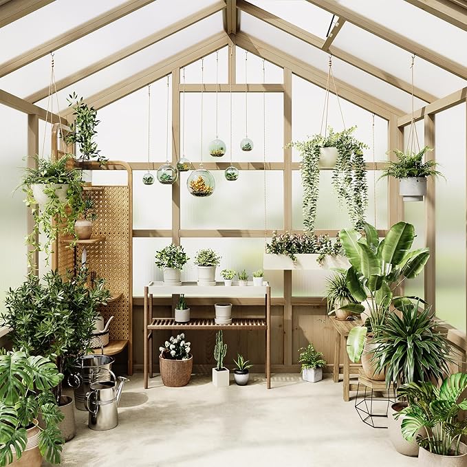 Wooden Greenhouse for Outdoors 8x6FT Greenhouse with Lockable Door Wood Frame &amp Adjustable Vent for Outside Garden Yard Light Brown