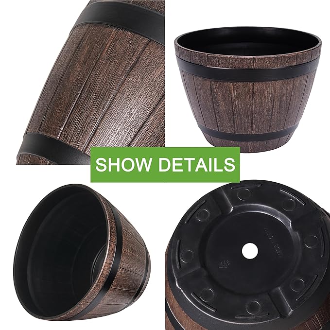 VECELO Plant Pots with Drainage Holes &amp Saucer 13 Inch Flower Pots with Tray 3 Pack Plastic Whiskey Barrel Planters for Indoor &amp Outdoor Garden Home Plants and Flowers