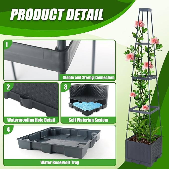 2 Packs Raised Garden Bed Tomato Planter Box with Trellis56.8 Self-Watering Tomato Cage with Trapezoidal Trellis for Climbing Plants Flowers Vegetables Vine in Patio Garden Indoor Outdoor