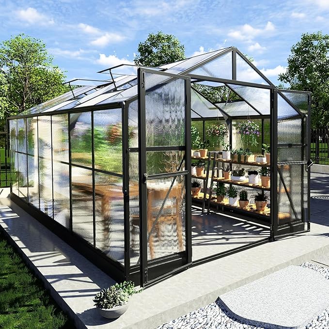 AMERLIFE 8x14x7FT Polycarbonate Greenhouse Walk in Greenhouse with Quick-Connect System Green House with 4 Vent Windows and Swing Door Greenhouses for Outdoors Glossy Black
