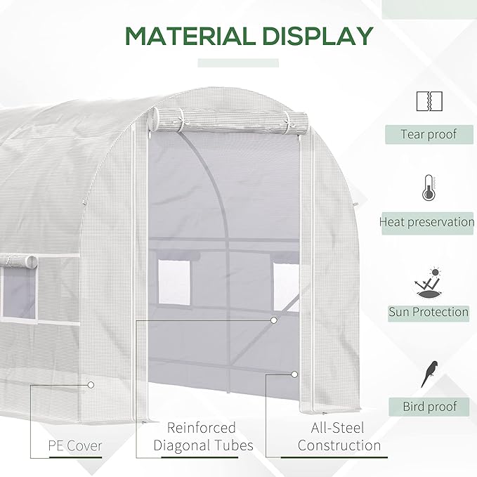 【LuckyNote】 15' x 7' x 7' Walk-in Tunnel Greenhouse Large Garden Hot House Kit with 6 Roll-up Windows &amp Roll Up Door Steel Frame White