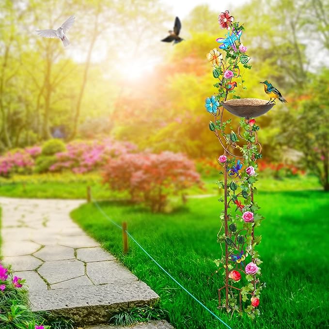 57” Bird Bath with Garden Trellis for Climbing Plants Outdoor Small Decorative Trellises Metal Birdbath Bird Baths 1 Piece (Dragonfly)
