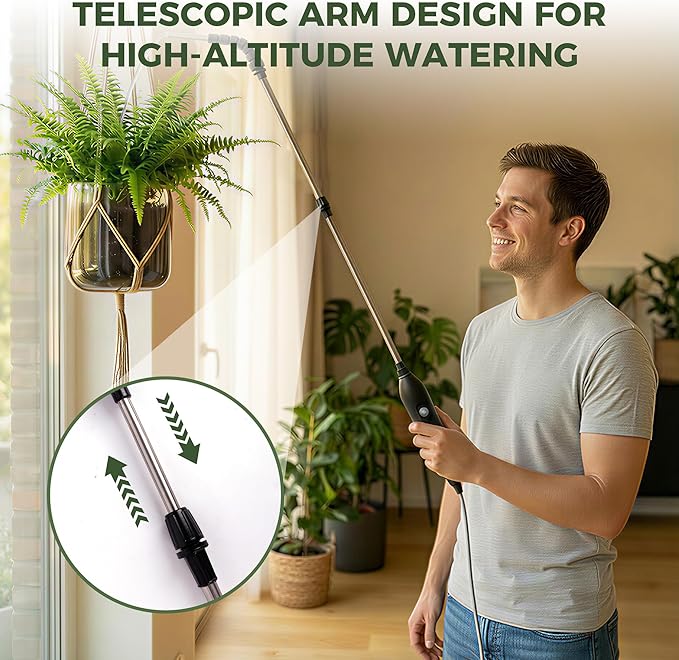 Rechargeable Cordless High Reach Plant Waterer - with Telescopic Wand Plant (25.6–33.4 in) Watering Can Hanging Plants Baskets 2 Adjustable Nozzles and 8.6ft Water Hose for Yard Lawn Weeds Plants