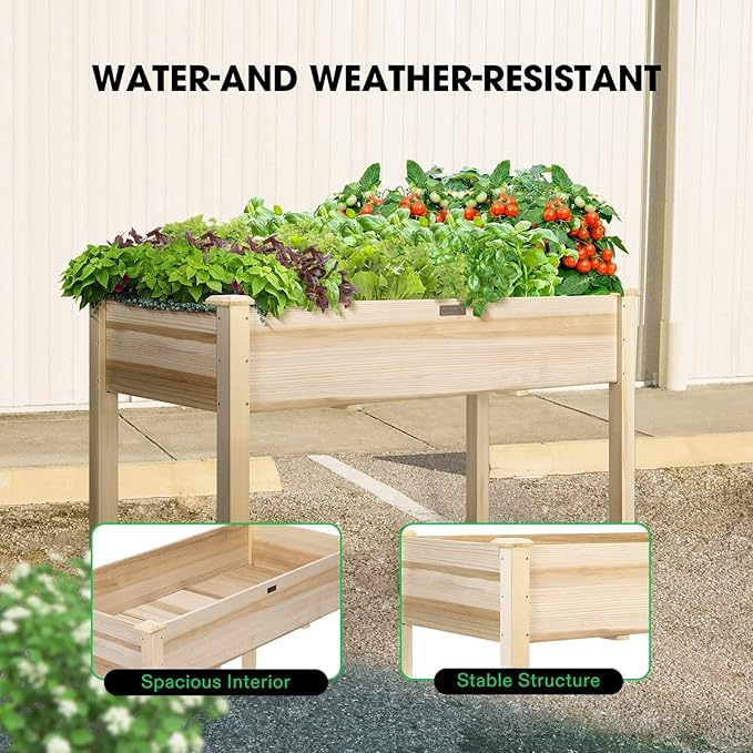 VIVOSUN Elevated Wooden Raised Garden Bed 48 x 24 x 30 Inches Outdoor Wood Planter Box w Bed Liner and Gloves for Garden Patio Balcony Backyard and Outdoors 220-Pound Capacity