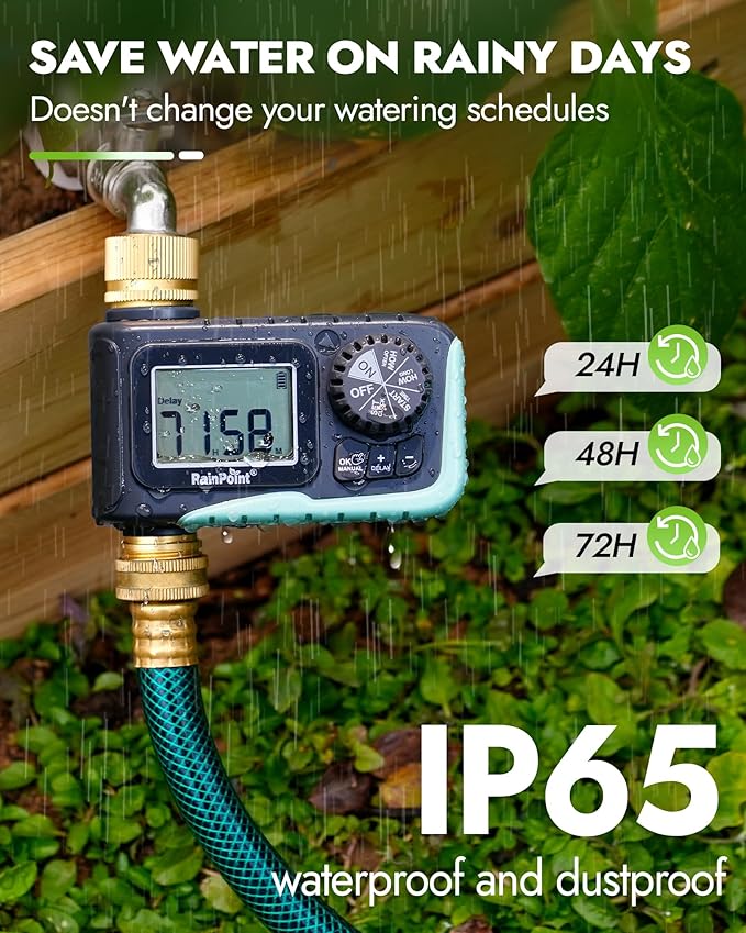 RAINPOINT Sprinkler Timer with Brass Inlet &amp Outlet Programmable Hose Timer for Garden Soaker Hose with Rain Delay/Manual Watering System Digital Drip Irrigation for Yard Lawn(2PCS)
