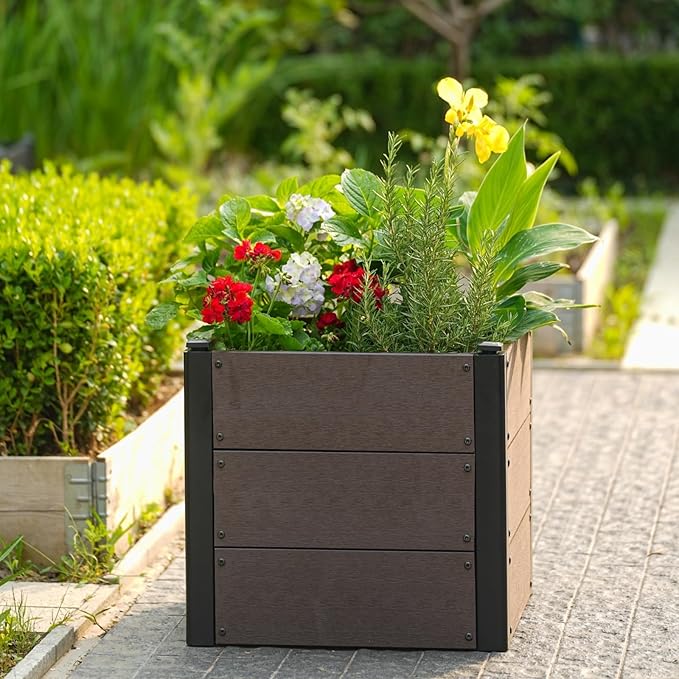 Wood Raised Garden Bed 19x19x17 in Tall Outdoor Planter Box with Bottom Deep Root Elevated Garden Bed for Vegetables Herbs Flowers All-Weather Composite Rectangle Planter for Patio Backyard