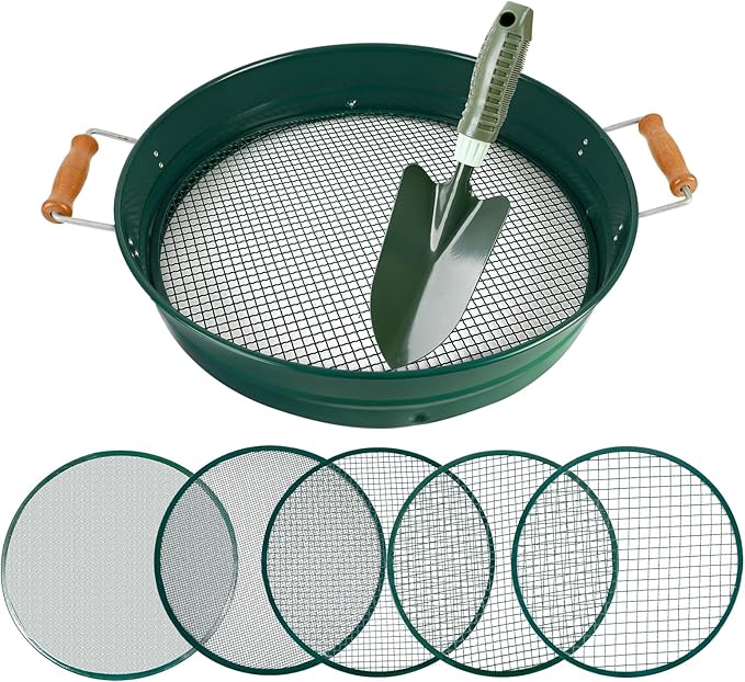 Large 14.57 Soil Sifter with 5 Interchangeable Stainless Steel Mesh Screens (1/3/6/9/12mm) + Stainless Steel Hand Trowel + Galvanized Garden Sieve for Compost Sand Gravel &amp Cat Litter (Green)