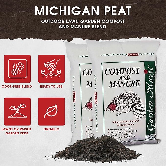 Michigan Peat 2-Pack Compost and Manure Blend Garden Magic Mix w/Odor-Free Blend 40 Lbs - Outdoor Lawn and Gardening Mixture with Nutrients and Minerals for Soil Potting and Planting
