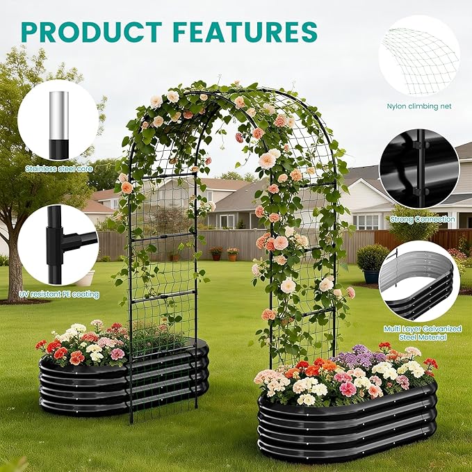SUNYRISY Galvanized Raised Garden Bed with 87 H Arch Trellis for Climbing Plants Outdoor Metal Planter Box with Netting for Gardening Flowers Vegetables Fruit Herb Black
