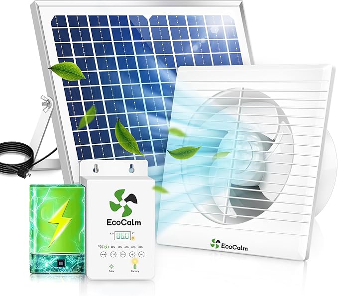 Solar Fan with Battery and Adjustable Thermostat 8 Solar Powered Fans for Shed with 25W Bifacial Solar Panel &amp Exhaust Fan for Greenhouse/Outside with Anti-backflow Valve