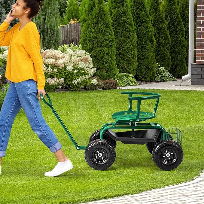 Rolling Garden Cart Swivel Gardening Seats with Seat &amp Tool Storage Green