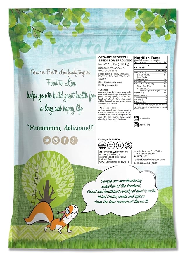 Food to Live Organic Broccoli Seeds for Sprouting 10 Pounds – Non-GMO Vegan Kosher Sirtfood Bulk. Rich in Sulforaphane Vitamin C. Grow Sprouts Microgreens for Salads and Sandwiches