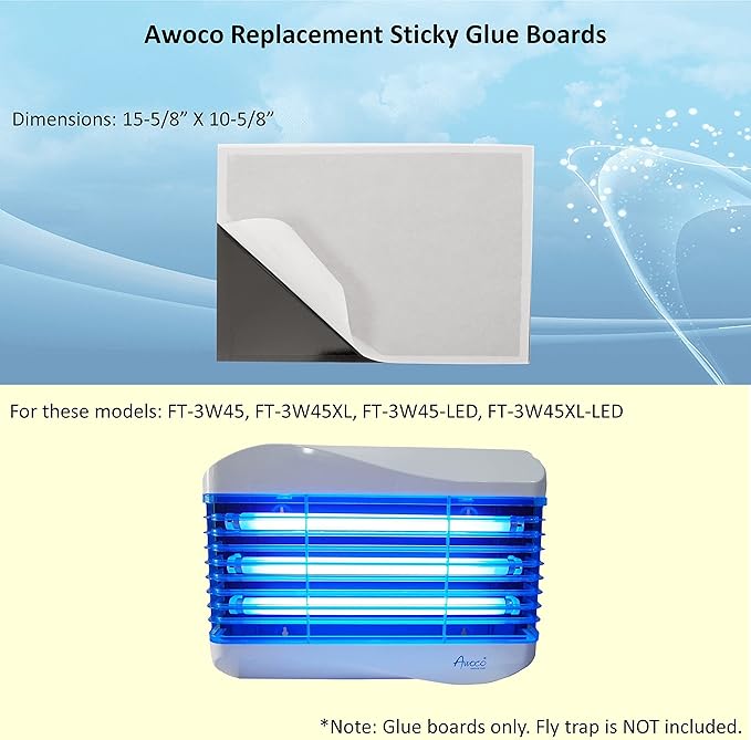 Awoco 5 Packs of Replacement Sticky Type W Glue Boards for Awoco Wall Mount Sticky Fly Trap Lamp Model FT-3W45 (5 Glue Boards)
