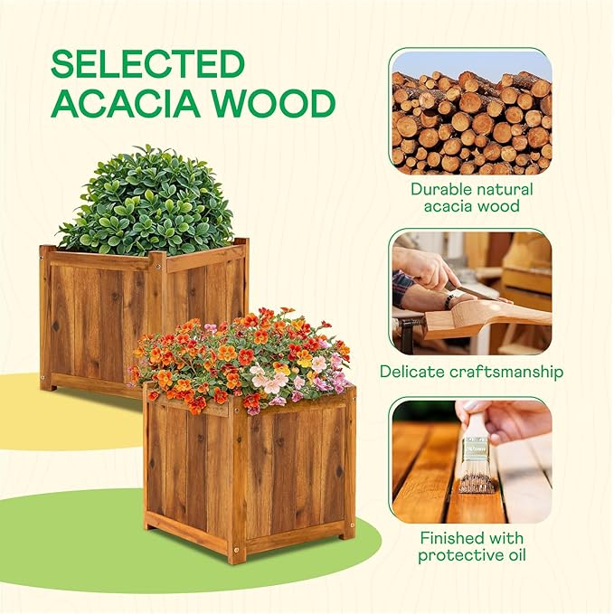 Idzo Set of 2 Acacia Wood Flower Planters for Outdoor Plants Ergonomic Handles Drainage Holes Various Sizes Ideal for Home Décor Light Cherry