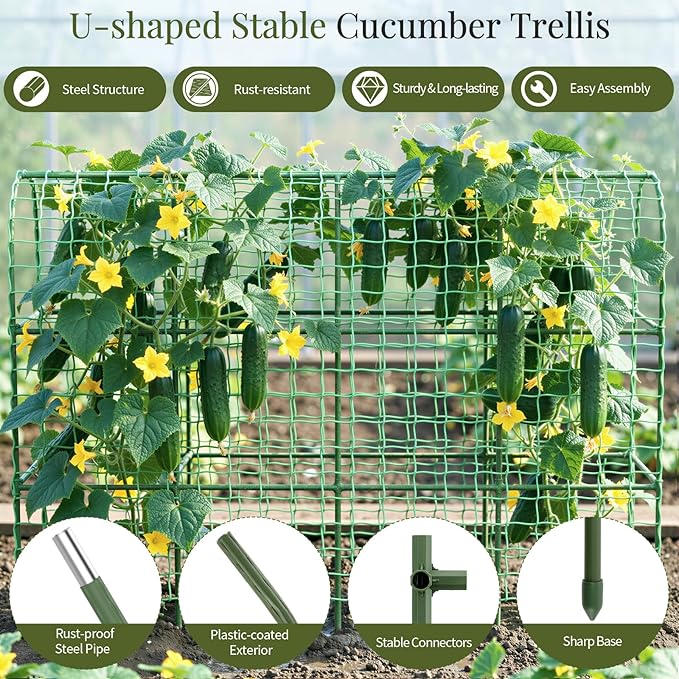 Housolution Cucumber Trellis for Raised Bed 67×48 U-Shape Garden Trellis for Climbing Plants Outdoors with 2×3m Net for Tomato Squash Zucchini Peas Beans Grape Fruit Flowers Green