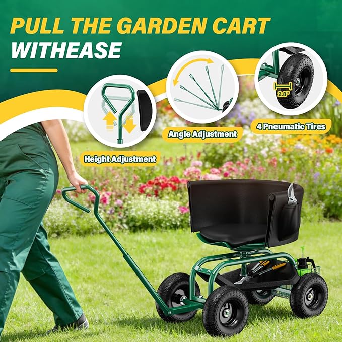 Garden Seat with Wheels Rolling Garden Stool with Adjustable 360°Swivel Seat Storage Basket &amp Extendable Handle Outdoor Gardening Scooter Garden Cart Workseat Stools for Seniors