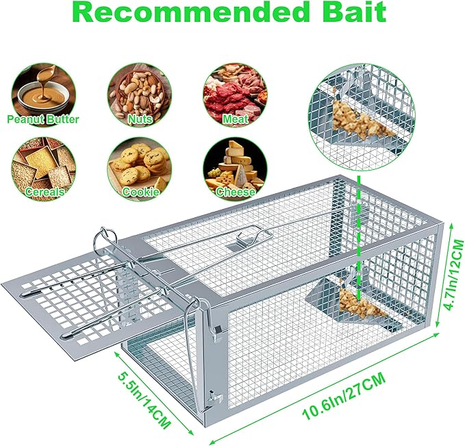 Humane Rat Traps 2-Pack No Kill Small Animal Cage Trap Live Mouse Trap Cage Catch and Release Trampa para Ratones Chipmunk Rodent Trap that Work for Indoor and Outdoor - 10.6 L x 5.5 W x 4.7 H