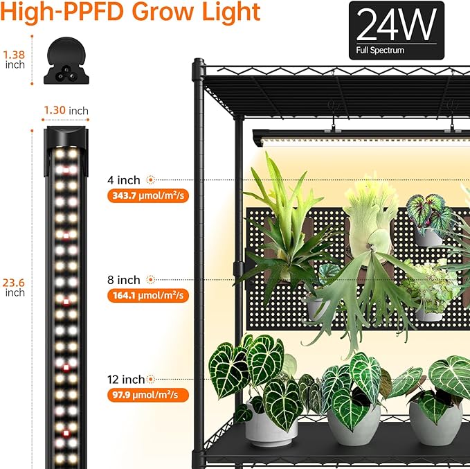 Bstrip Plant Cabinet with Pegboard 3 Tier Plant Shelf with Grow Light Metal Plant Stand with 4 Pack 96W Grow Lights for Indoor Plant Foliage Plants Seed Starting 29.5x13.8x59