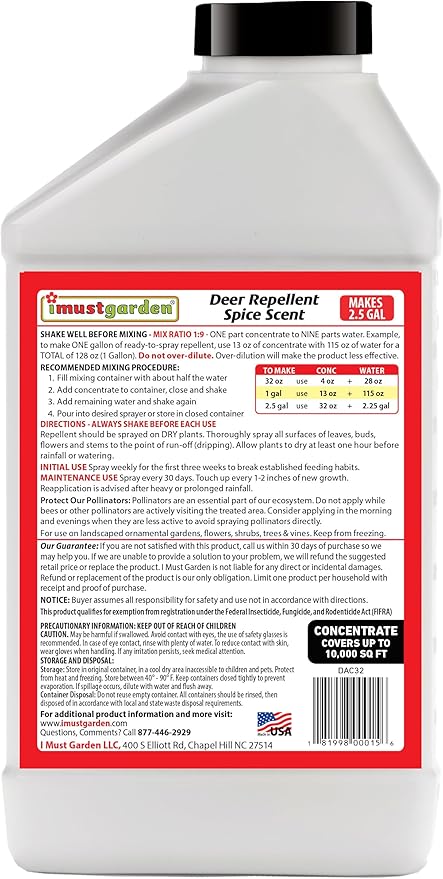 I Must Garden Deer Repellent Concentrate [2 Pack] - Natural Spice Scent - Two 32oz Bottles