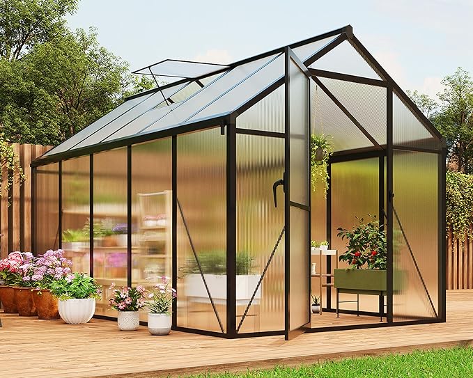 6 x 10 FT Greenhouse Outdoor Greenhouses Polycarbonate Panels with Aluminum Frame Adjustable Roof Vent and Lockable Door Green Houses for Outside Backyard Garden Patio