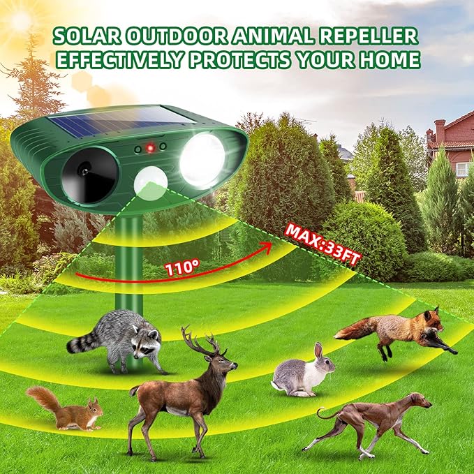 Solar Ultrasonic Animal Repellent Outdoor Cat Repellent Deer Repeller Animal Deterrent Devices for Squirrel Rabbit Raccoon Dog Coyote Rodent Skunk Out of Yard Garden Lawn2 Pack