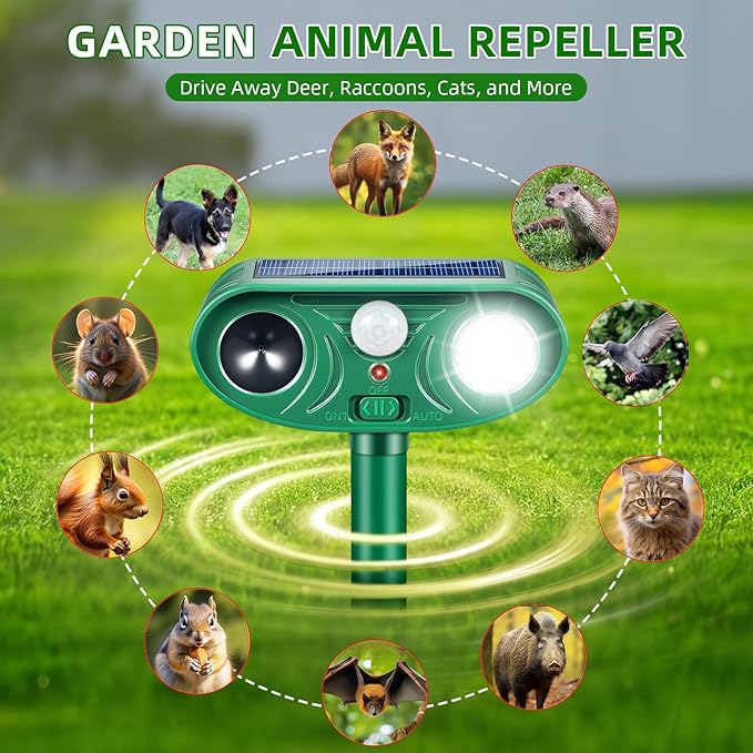 2026 Sonic Fortress Pro Deer Repellent Devices Racoon Repellent Outdoor Squirrel Fortress Pro IP65 Animal Repeller Cat Deterrent with Motion Sensor&ampFlash Light to Scare Dog Out of Garden Yard(4Pa