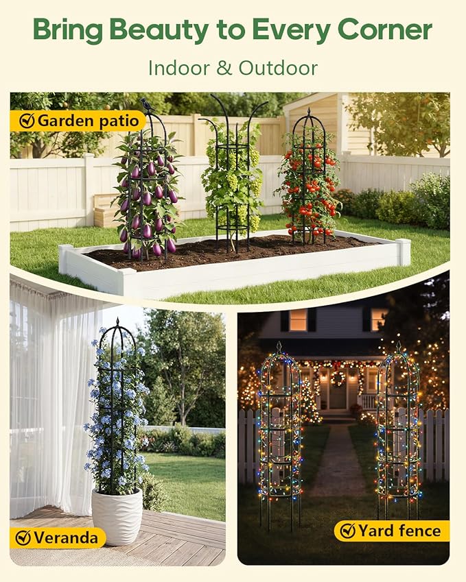 Joyhalo 2 Pack Trellis for Climbing Plants Outdoor 74 Inch High Adjustable Garden Trellis for Flowers Black Plastic Coated Steel Plant Stakes Use As Tomato Cage