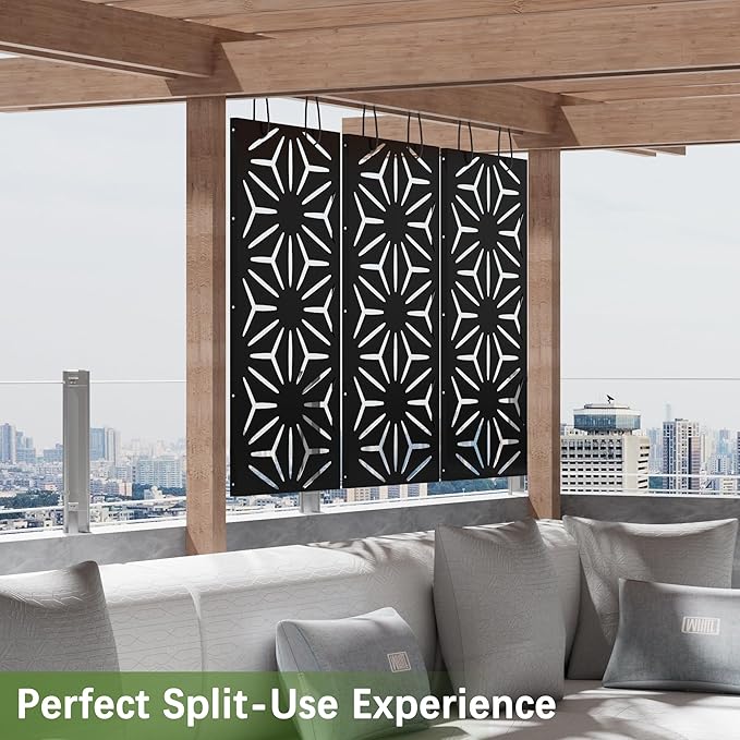 Cofar Metal Privacy Screen Outdoor 72 H×44 W -Black Freestanding Outdoor Privacy Panels with Stand Decorative Fence for Patio Deck Balcony（Floral）