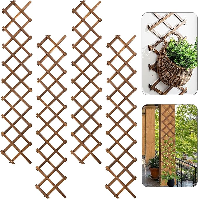 Pack of 4 Extra Thick Wooden Wall Trellis - Expandable Wall Planter Lattice Panels for Climbing Plants Hanging Vertical Plant Support Fence Frame Outdoor Indoor for Balcony Patio Garden Room