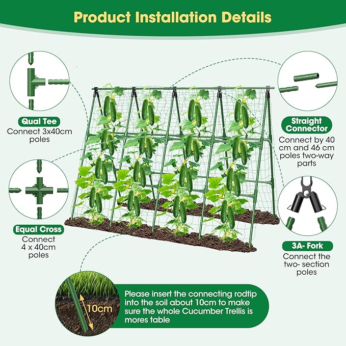 71 x 51 Cucumber Trellis for Raised Bed A-Frame Garden Trellis for Climbing Plants Outdoor Rust-Proof Metal Support for Tomato Peas Beans Zucchini &amp Vines with Netting &amp Clips