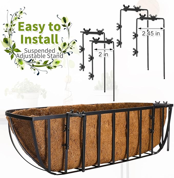 Tessco for you 4 Pieces Railing Planter Boxes 30 Inches Window Box Planters with Coco Liner and Adjustable Brackets for Deck Porch Fence Patio Balcony Gardening Outdoor Plants