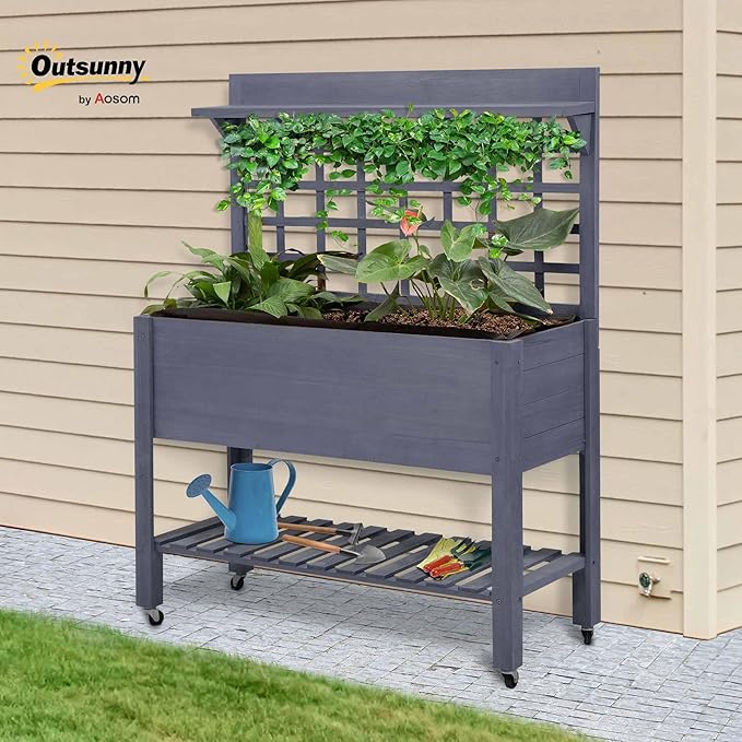 Outsunny 41 Raised Garden Bed with Trellis on Wheels Wooden Elevated Planter Box with Legs and Bed Liner for Flowers Herbs &amp Vegetables Gray
