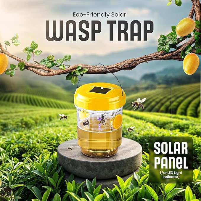 4 Pack Zapnest Solar Wasp Trap Outdoor Hanging Reusable Yellow Jacket Hornet Bee &amp Mud Dauber Catcher Bright Yellow Bug Repellent for Garden Patio &amp Yard