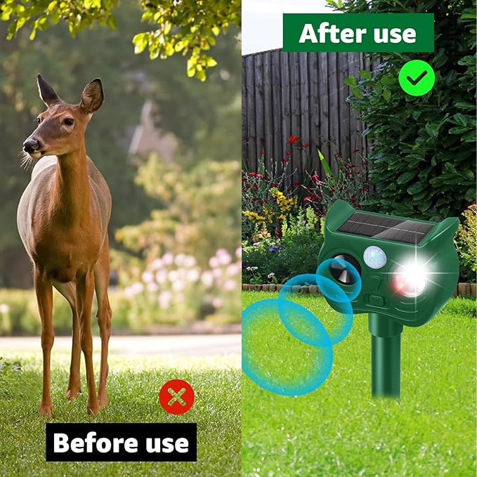 Solar Ultrasonic Animal Repellent Outdoor Motion Sensor Deer Repellent Devices Squirrel Cat Raccoon Rabbit Deterrent with Strobe Light Dual Mode Keep Skunk Away Protection for Yard Garden Lawn 1PC