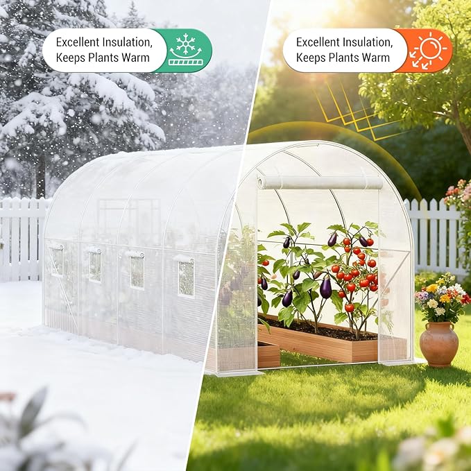 Premium 14.6x6.4x6.3 Ft Greenhouse for Outdoors Large Walk-in Heavy Duty Galvanized Steel Frame Mesh Door Screen Window Tunnel Hoop Garden Plant Winter Hot House for Backyard Plants Shed White