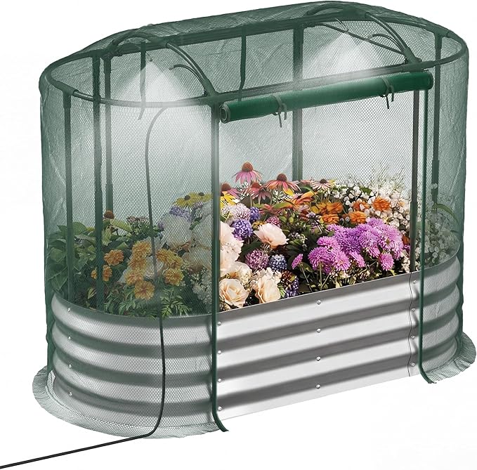Raised Garden Bed with Self-Watering System 4x2x1 ft Elevated Planter Boxes Outdoor with Mesh Cover Oval Galvanized Raised Beds for GardeningVegetablesFlowers Backyard Patio