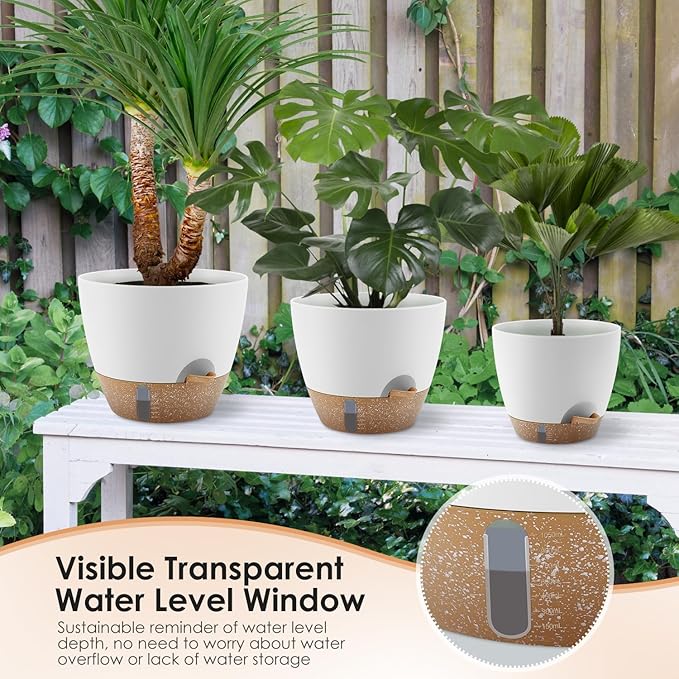 Self-Watering Plant Pots with Water Level Indicator Drainage Holes &amp Saucers – 12/10/9 Inch Large Plastic Planter Set for Indoor &amp Outdoor Plants (White)