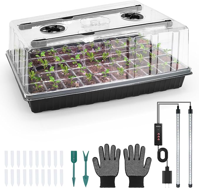 60-Cell Seed Starter Tray with Grow Light Seedling Starter Trays with 4.08 Humidity Dome Self-Watering Plant Germination TraysSeed Starter Kit for Seeds Growing (Black)