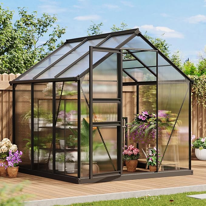 6x6 FT Outdoor Greenhouse - Walk-in Aluminum Frame with Lockable Hinged Door Adjustable Roof Vent Rain Gutter - Ideal for Backyard Patio Lawn Garden - Hinged Door