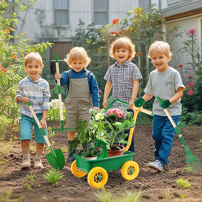 Duckura Kids Gardening Tools Set - 7pcs Wheelbarrow Set Outdoor Toy for Kids with Shovel Rake Leaf Rake Yard Digging Weed Toys Easter Birthday Gifts for Boys Girls Age 2 3+Years Old(Yellow)