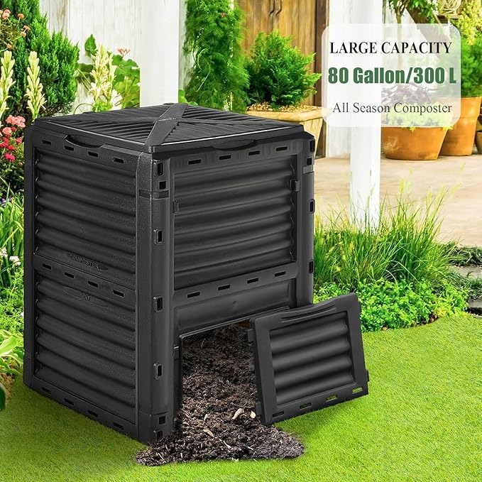 Outdoor Composting Bins80 Gallon Large Compost Bin with Top Flip Latch-on Lid &amp Bottom DoorGrass Food Trash Composter BarrelAerating Outdoor Compost Box for Garden Yard(Black+Green)