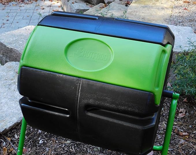 FCMP Outdoor HOTFROG Roto Single Chamber Batch Tumbling Composter - Outdoor Rotating Garden Compost Bin (HF-RM4000) Black &amp Green (37-Gallon)