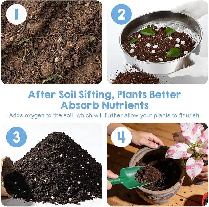 4 PCS Sifter for Rocks 10 Inch Soil Sifter for Gardening with 3 6 9 12 mm Stainless Steel Sifting Screen Round Rock Crusher for Sifting Sand Soil Stones Compost and Cat Litter