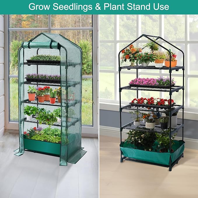Mini Greenhouse for Indoor Outdoor 5 Tier Shelves Rack Small Green House Heavy Duty with Waterproof Mat Portable Plants Seedling Supplies Durable PE Plastic Cover with Tape Gardening Gifts