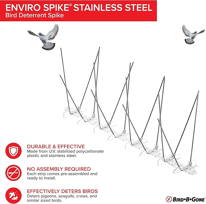 Bird B Gone - Pre-Assembled EnviroSpike Stainless Steel Anti Bird Spikes (10') - UV-Stabilized Polycarbonate Base - Humane Deterrent - Stops Pigeons &amp Birds from Roosting On Rooftops Ledges Fenc