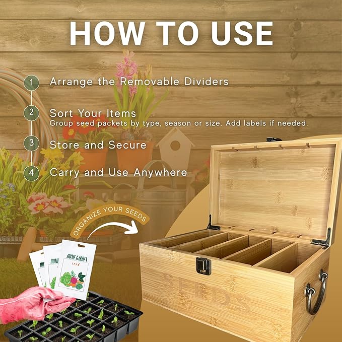 Bamboo Garden Seed Storage Organizer Box Wooden Seed Box with Removable Dividers Metal Handle and Latch Seed Keeper Organizer for Garden Seed Packets and Storage (10.59 x 7 x 5.12 in)